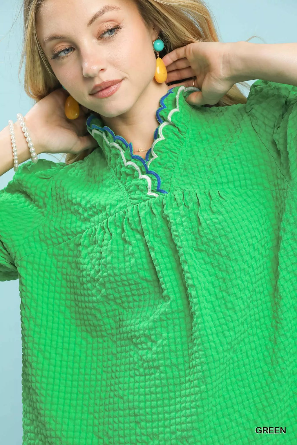 Umgee Textured Puff Sleeve Top with Scalloped Trim