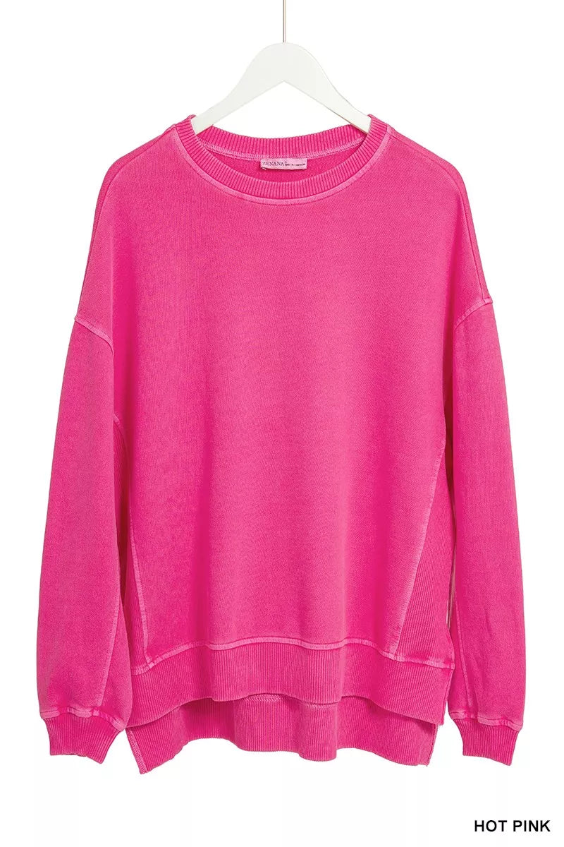 Zenana Full Size French Terry Pigment Dye & Enzyme Washing Pullover Plus Size