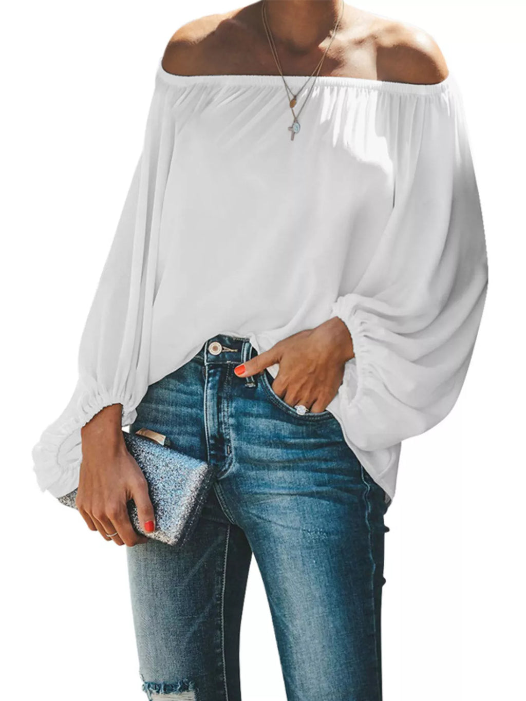Full Size Off-Shoulder Balloon Sleeve Blouse Plus Size