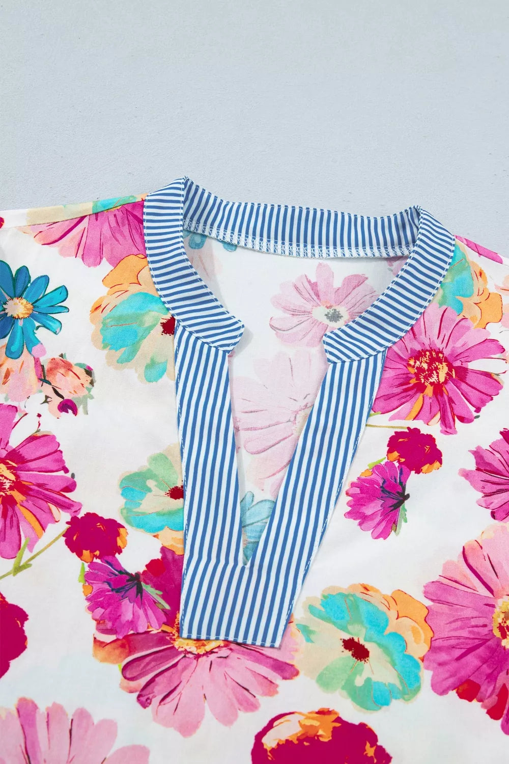 Floral Print Short Puff Sleeve Striped Trim V Neck Blouse