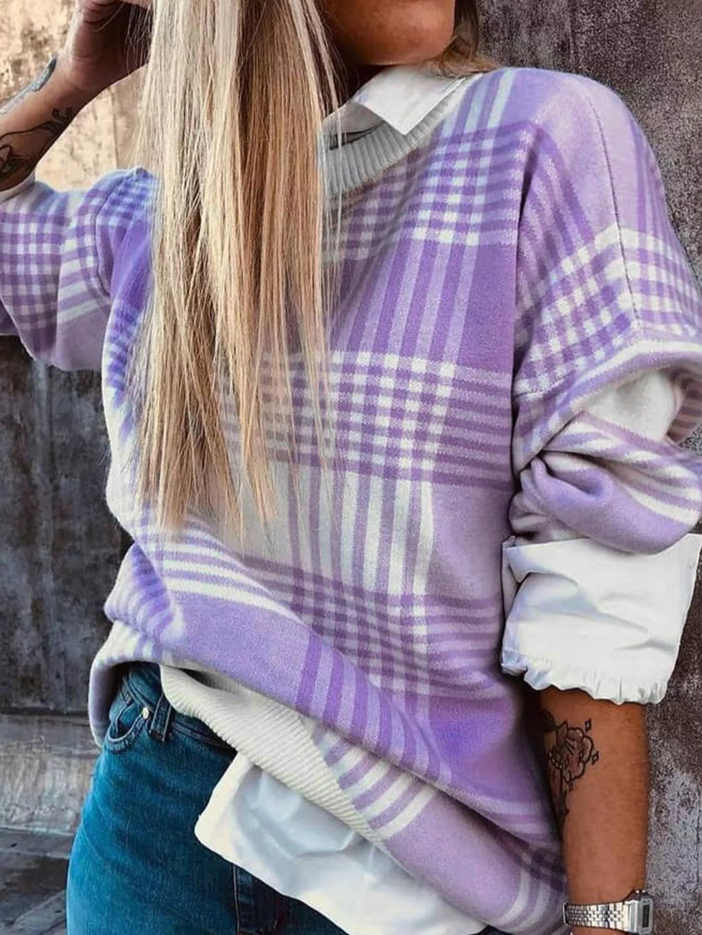 Plaid Round Neck Long Sleeve Sweater