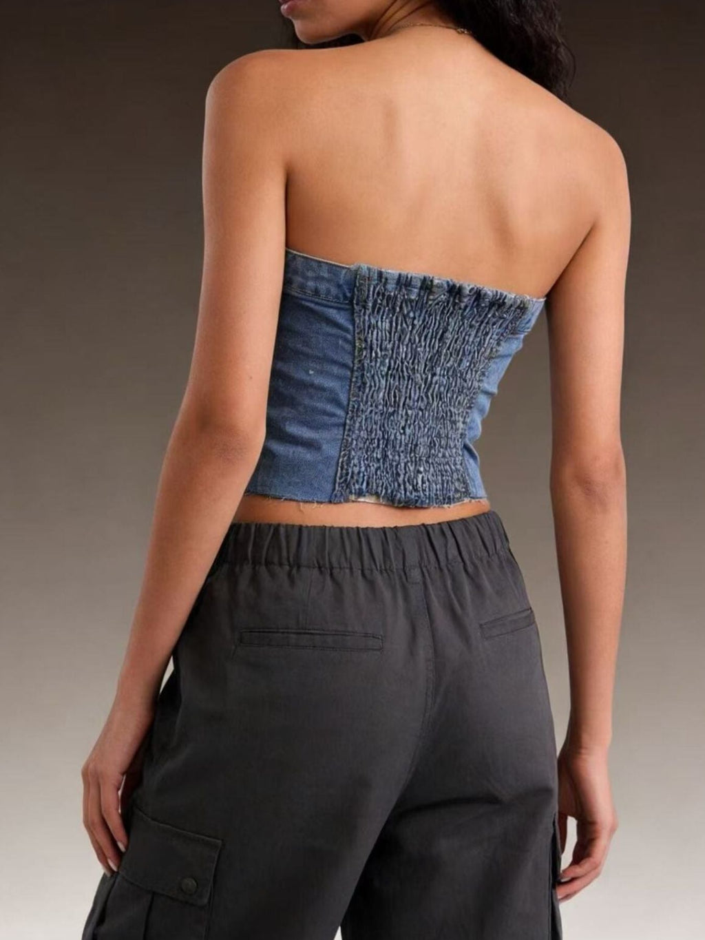 Button-Front Strapless Denim Top