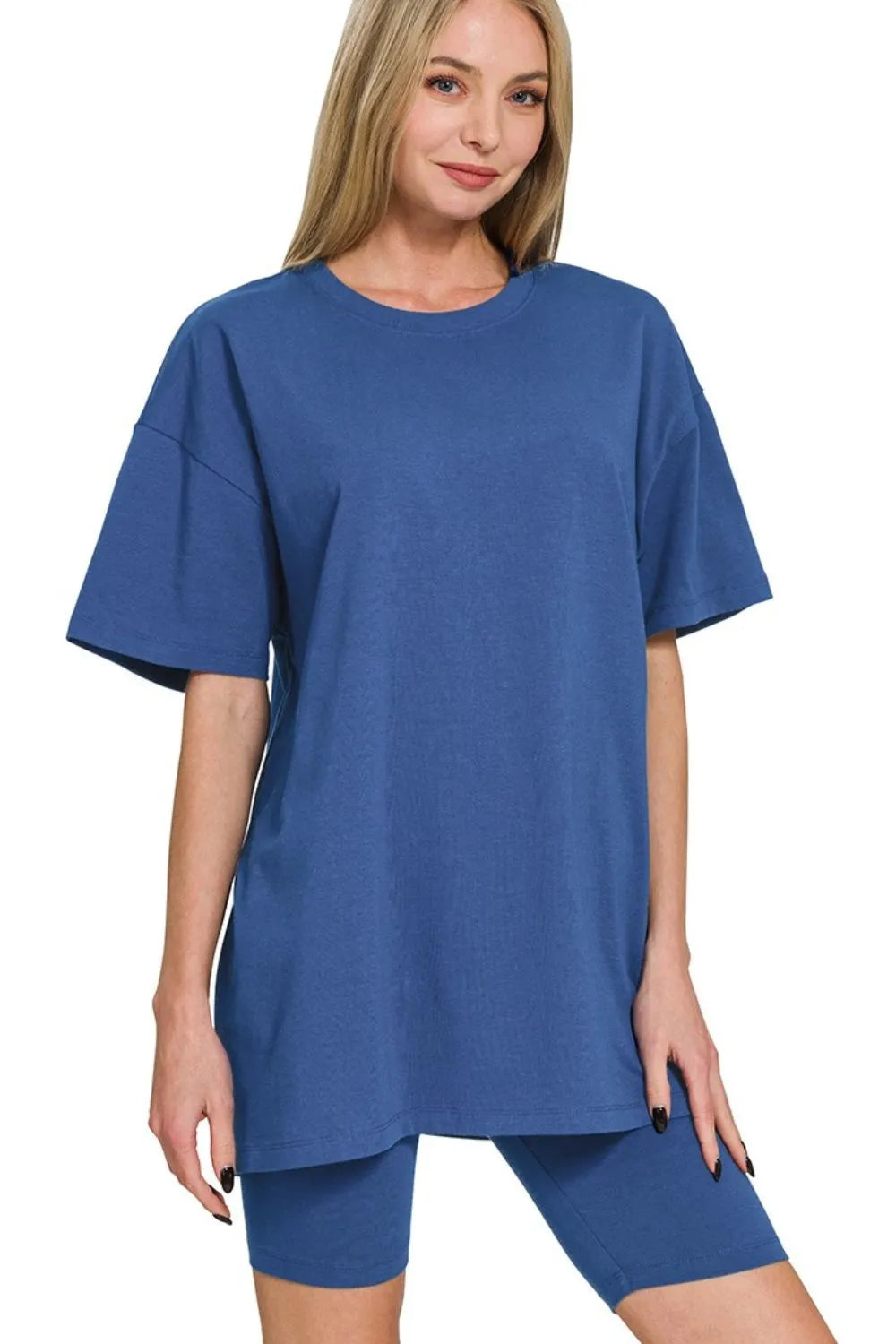 Zenana Cotton Round Neck Top & Biker Shorts