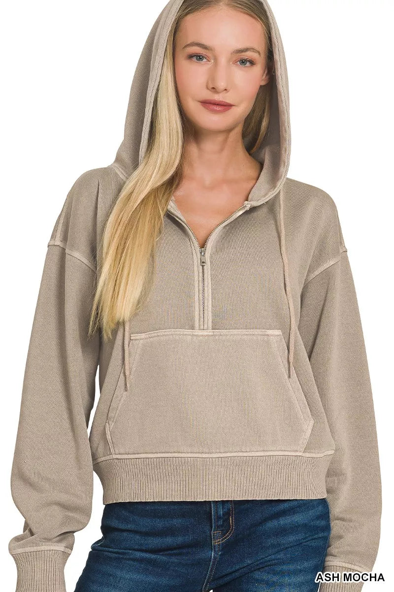 Zenana Fleece Pigment Dye Half Zip Kangaroo Pocket Hoodie