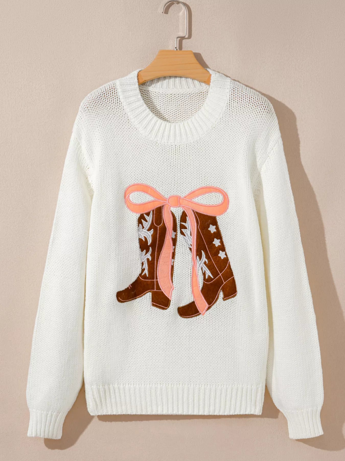 Embroidered Bow Boots Graphic Drop Shoulder Sweater