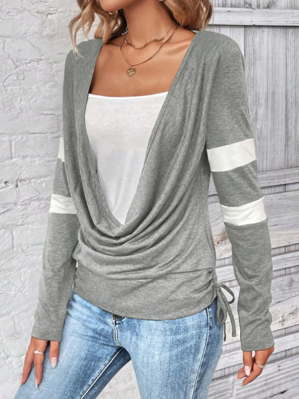 Cowl Neck Long Sleeve Fake Two-Piece T-Shirt
