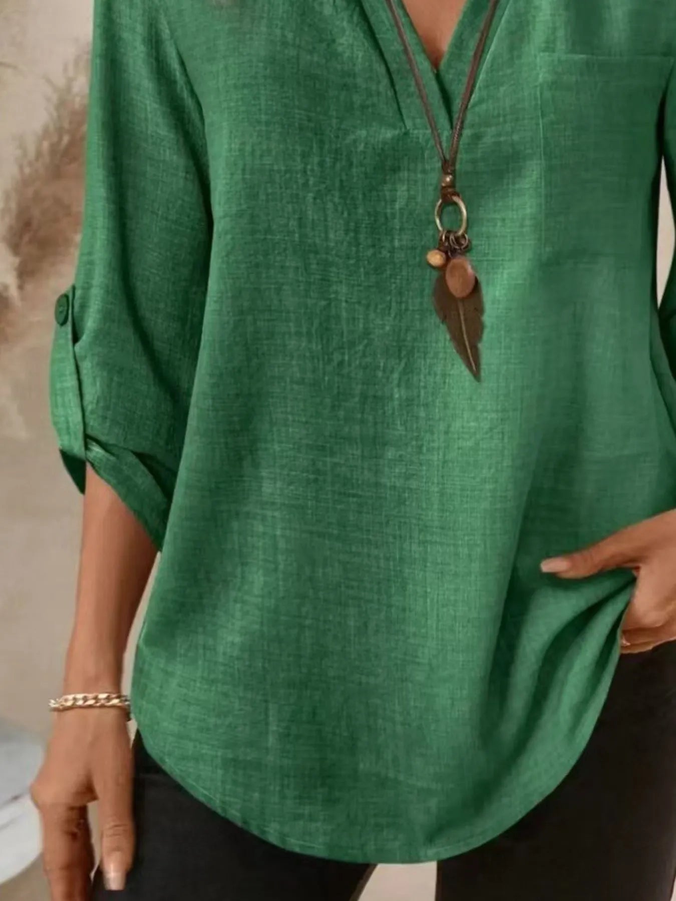 Casual Notched Roll-Up Sleeve Pocket Blouse