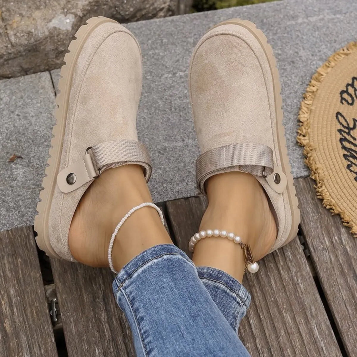 Suede Slip-On Mule Loafers with Adjustable Strap