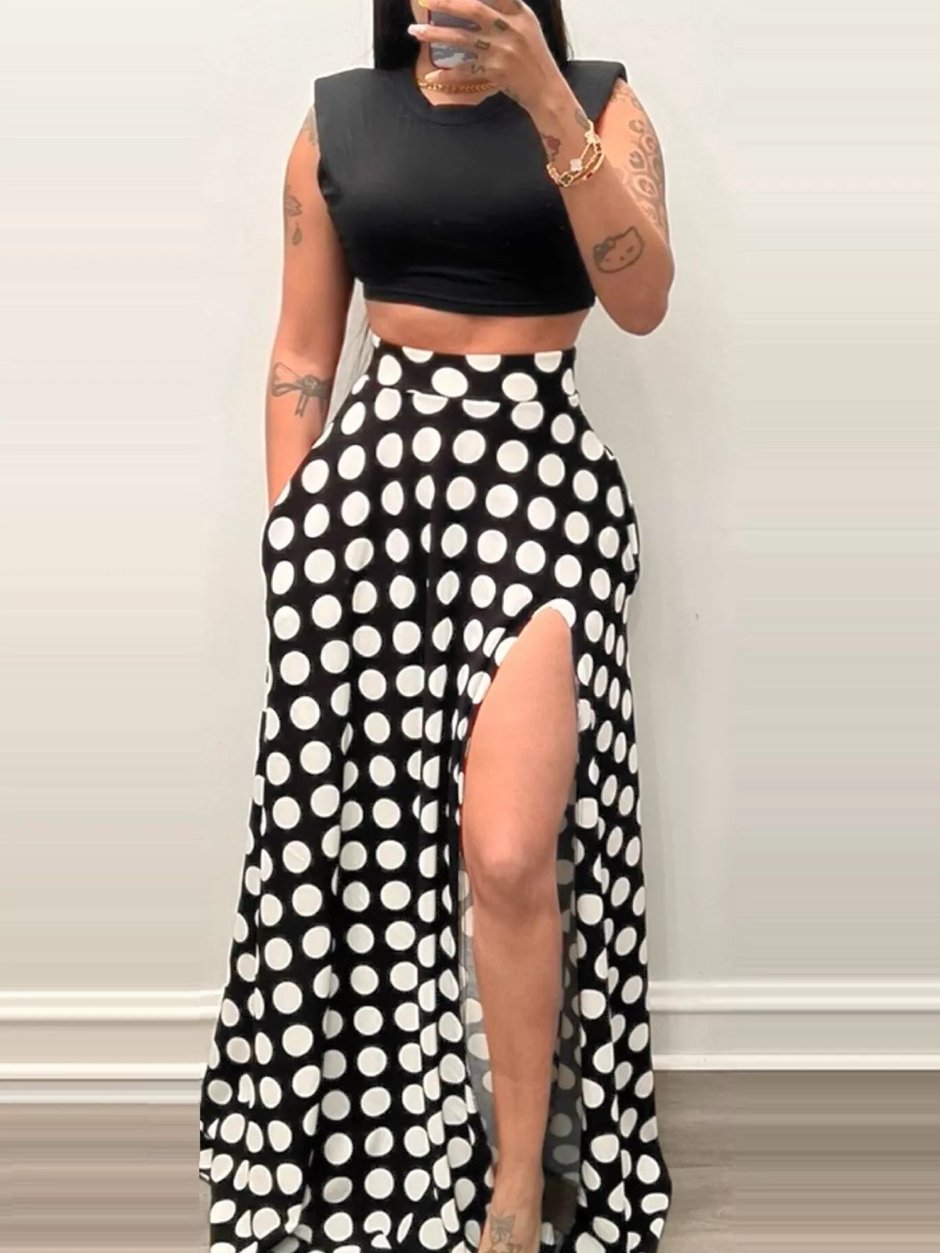 Polka Dot High Slit Maxi Skirt