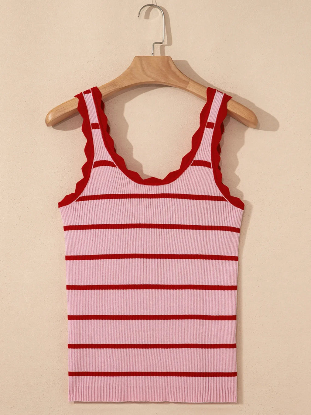 Stripe Scalloped Edge Crew Neck Knit Tank Top