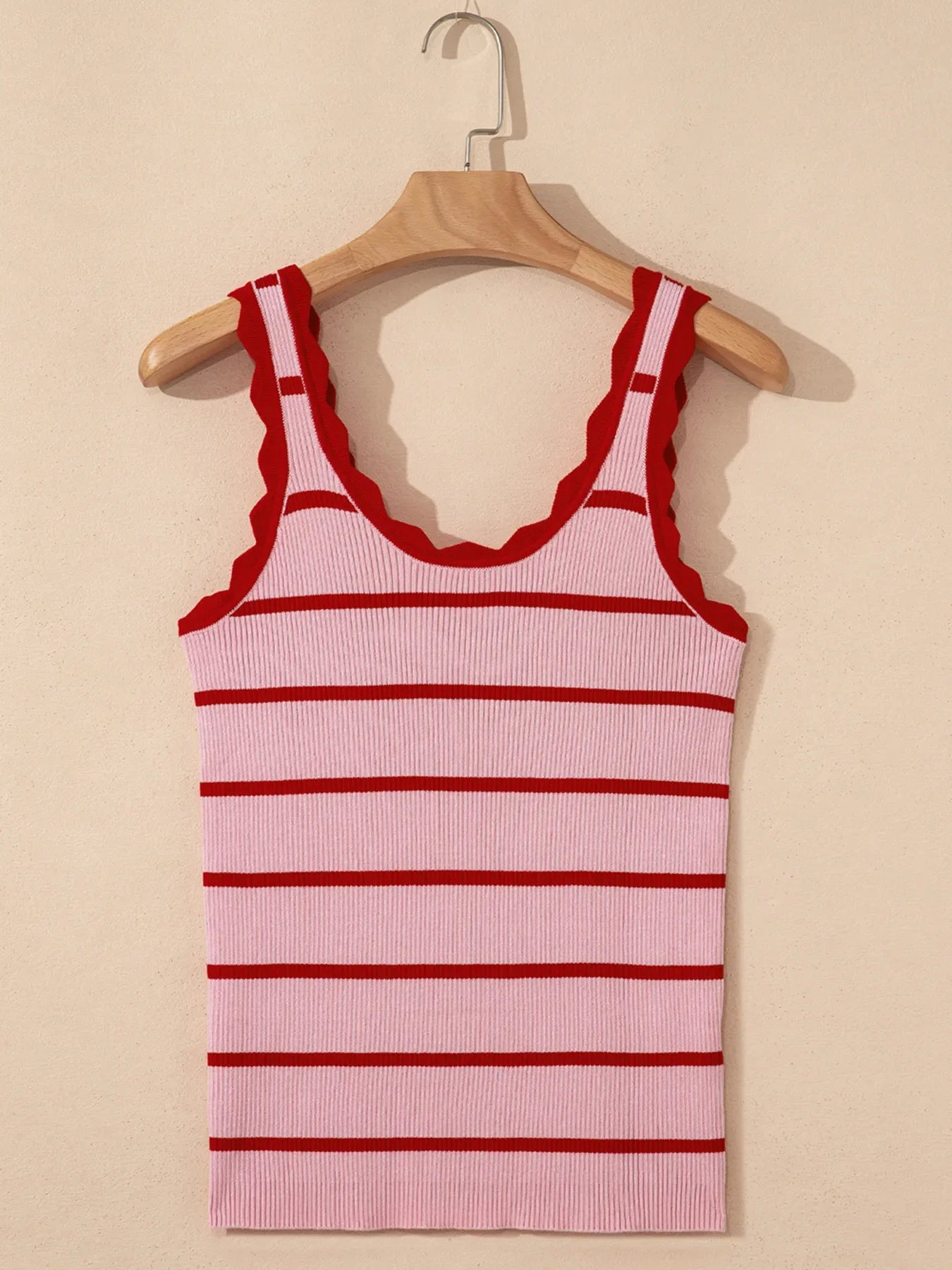 Stripe Scalloped Edge Crew Neck Knit Tank Top