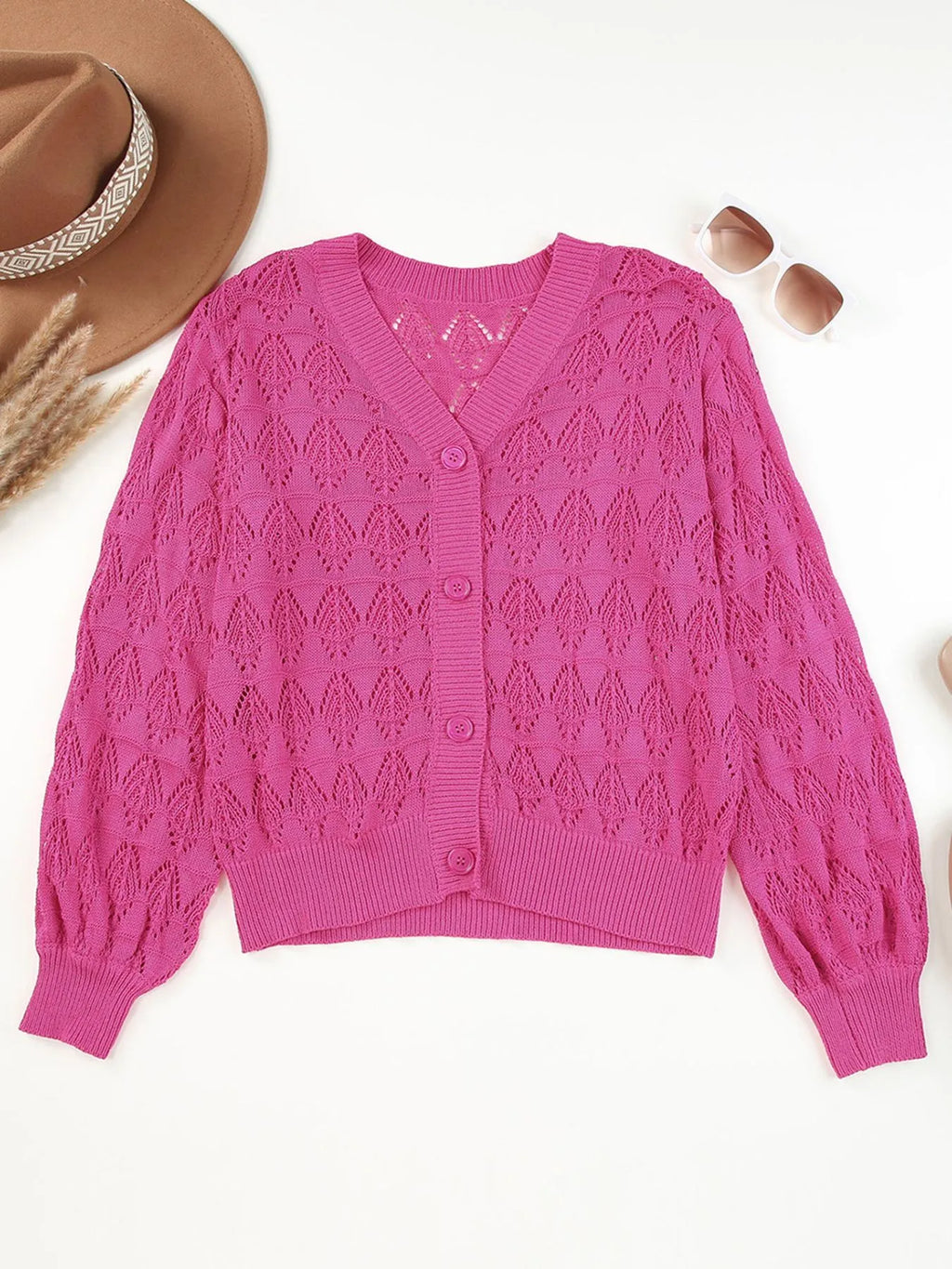 Buttoned Front Openwork Cardigan