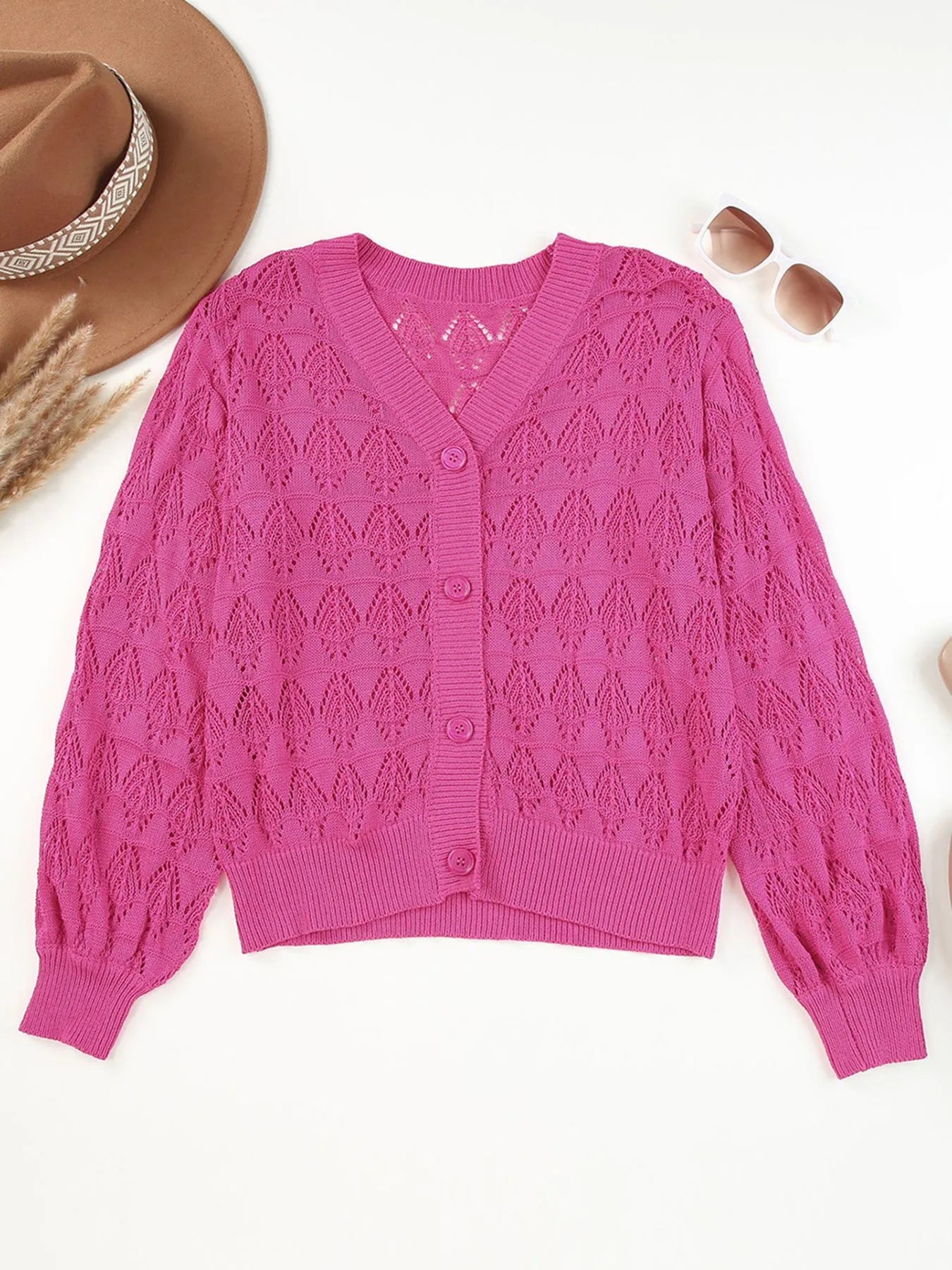 Buttoned Front Openwork Cardigan