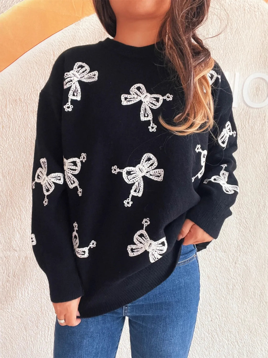 Bow Round Neck Long Sleeve Sweater