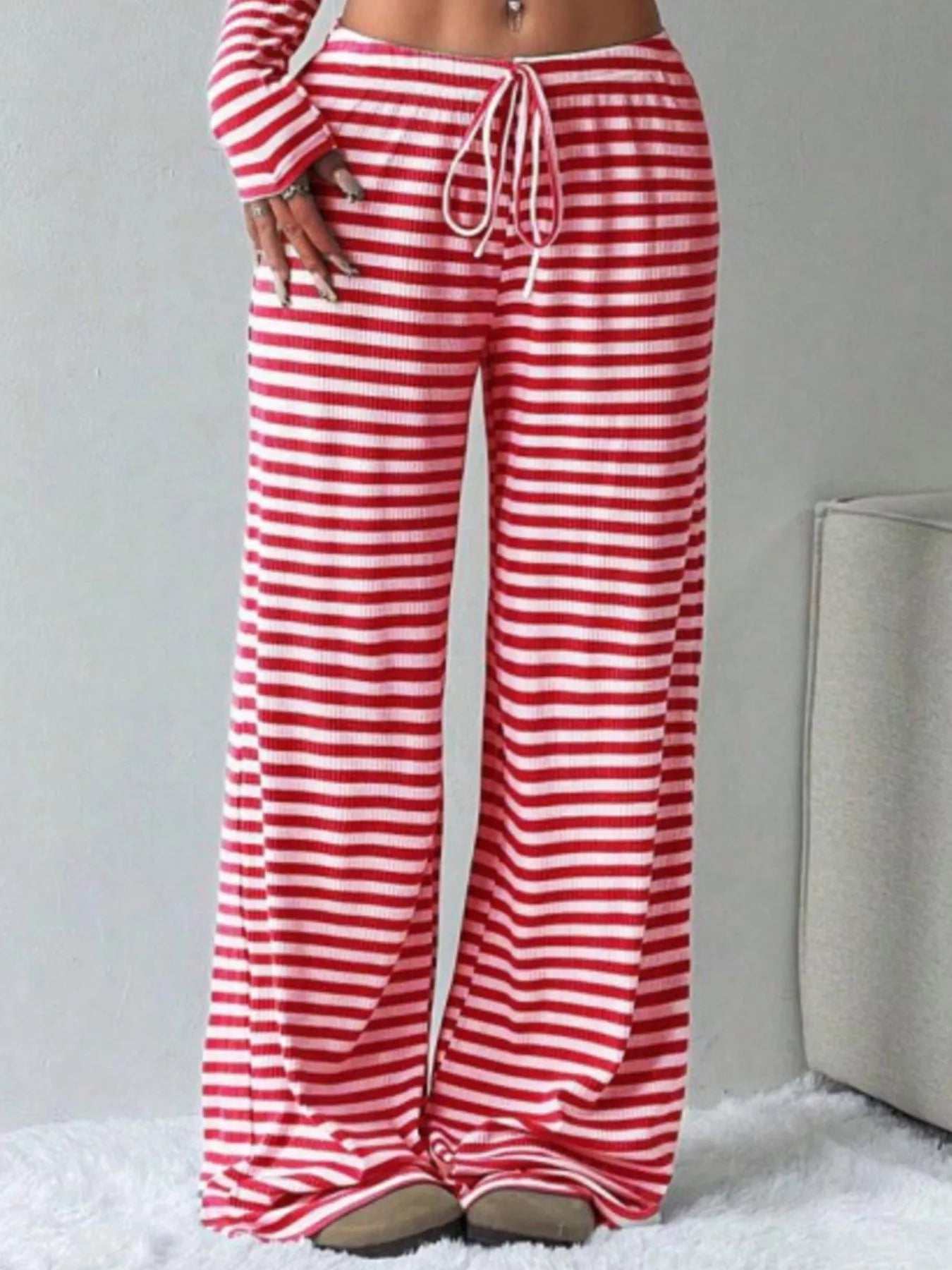 Striped Long Sleeve Crop Top and Wide Leg Pants Set