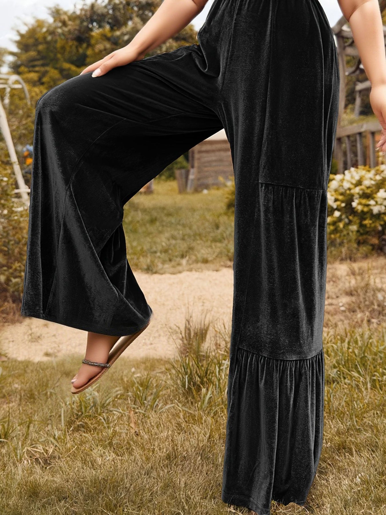 Plus Size Velvet Ruffle Hem Wide Leg Pants