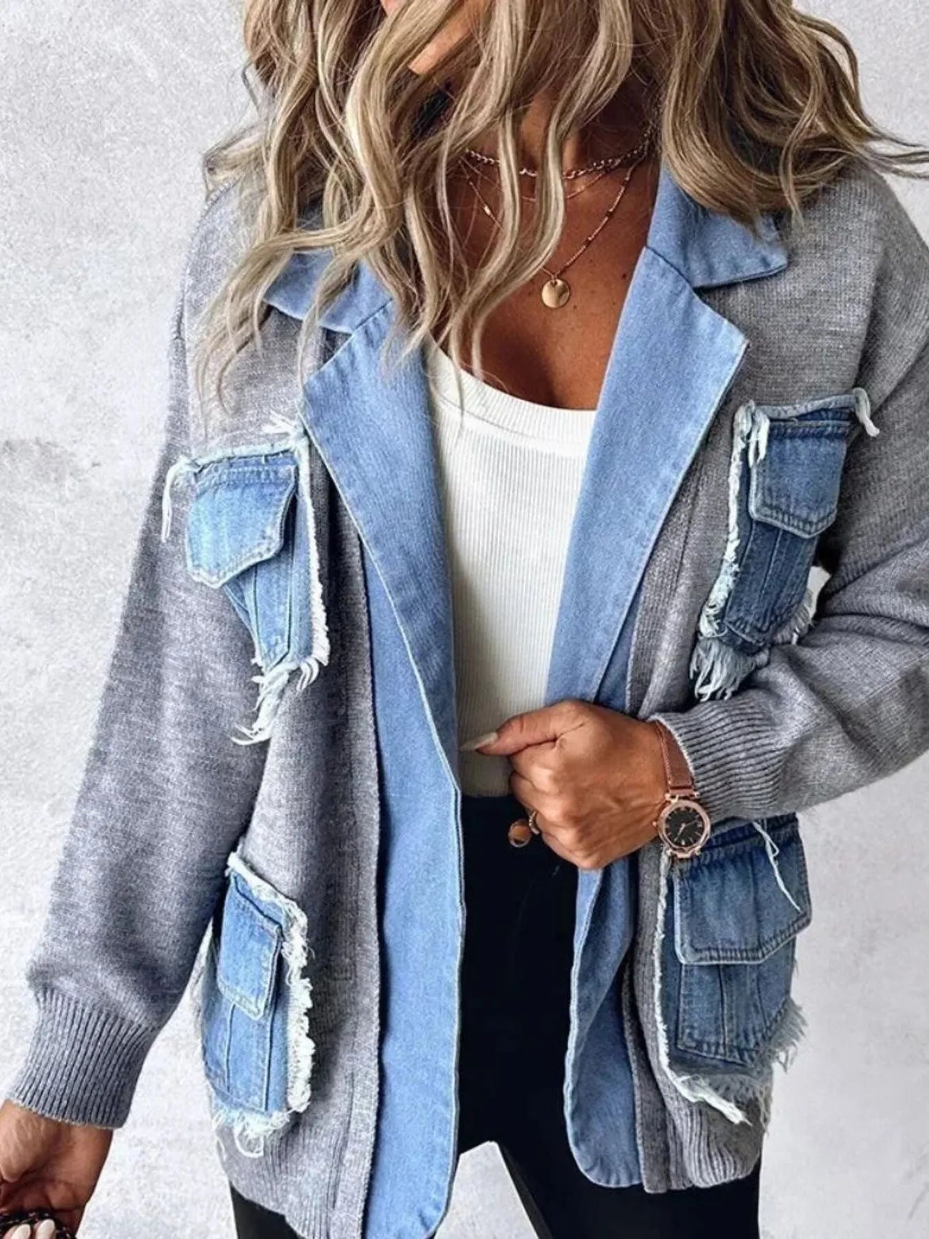 Raw Hem Denim Pocket Patchwork Cardigan