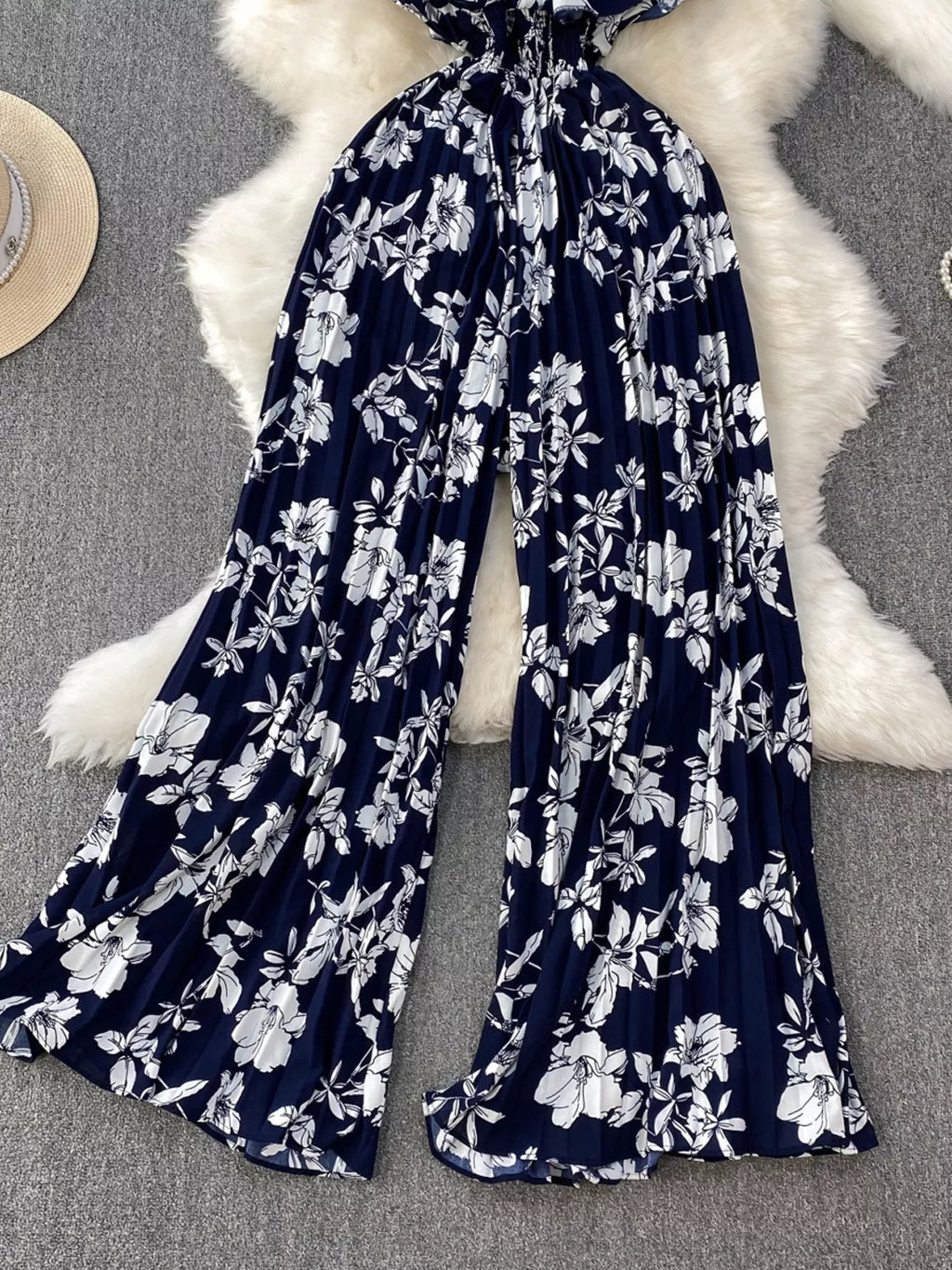 Floral Print Wide Leg Pleated Jumpsuit