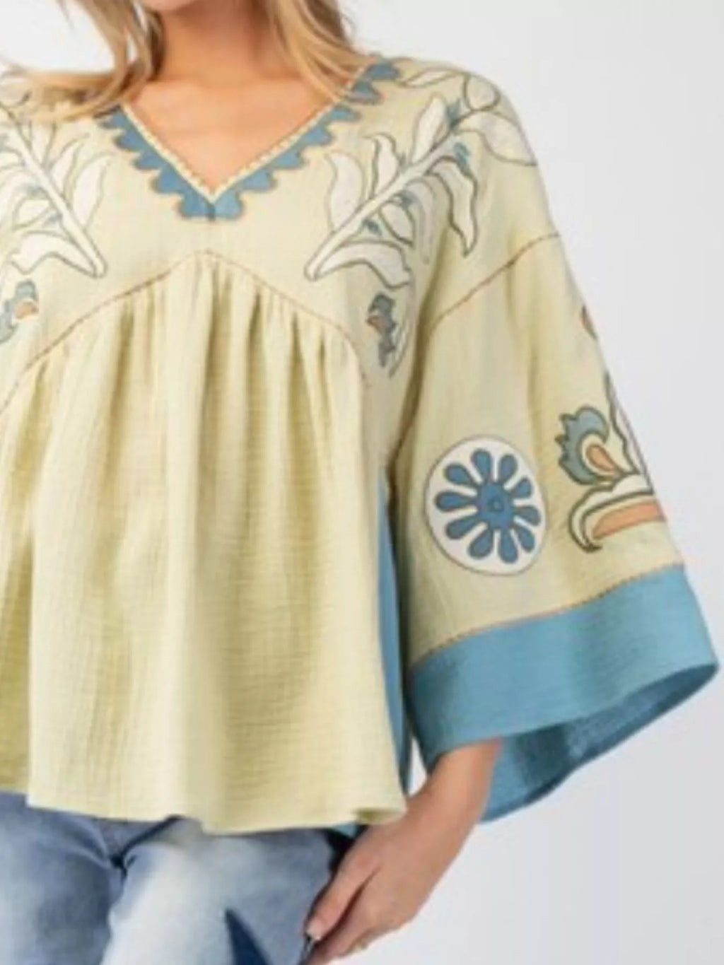 Printed V-Neck Top with Contrast Trim Details