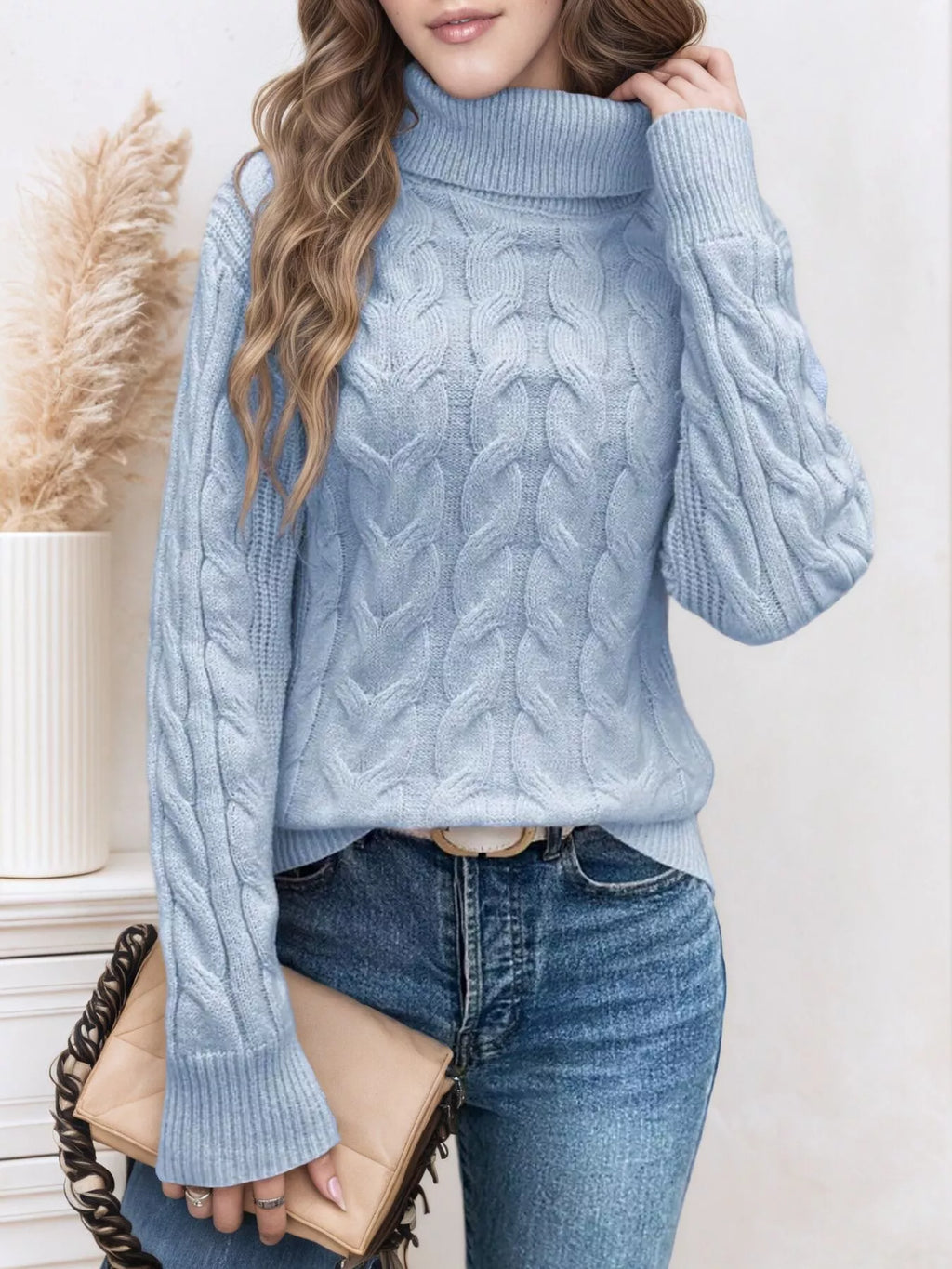 Cable Knit Turtleneck Long Sleeve Sweater