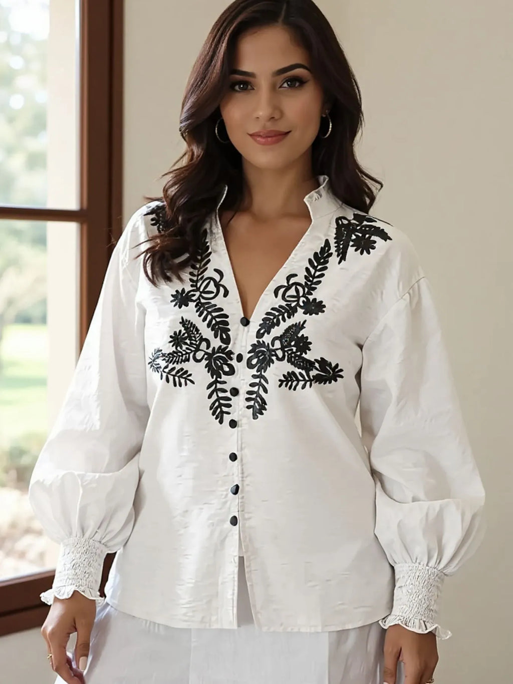 Embroidered Lantern Sleeve Blouse