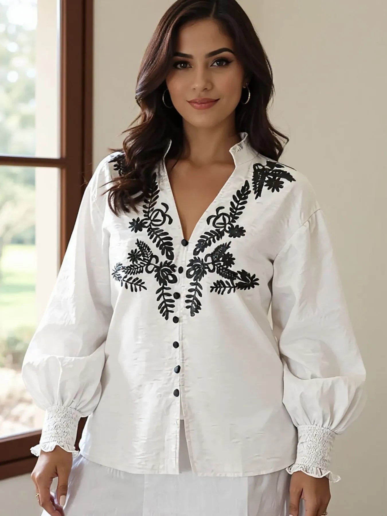 Embroidered Lantern Sleeve Blouse