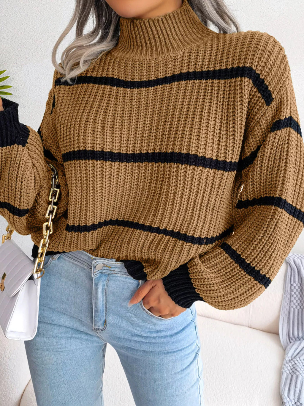 Full Size Striped Mock Neck Knit Sweater Plus Size