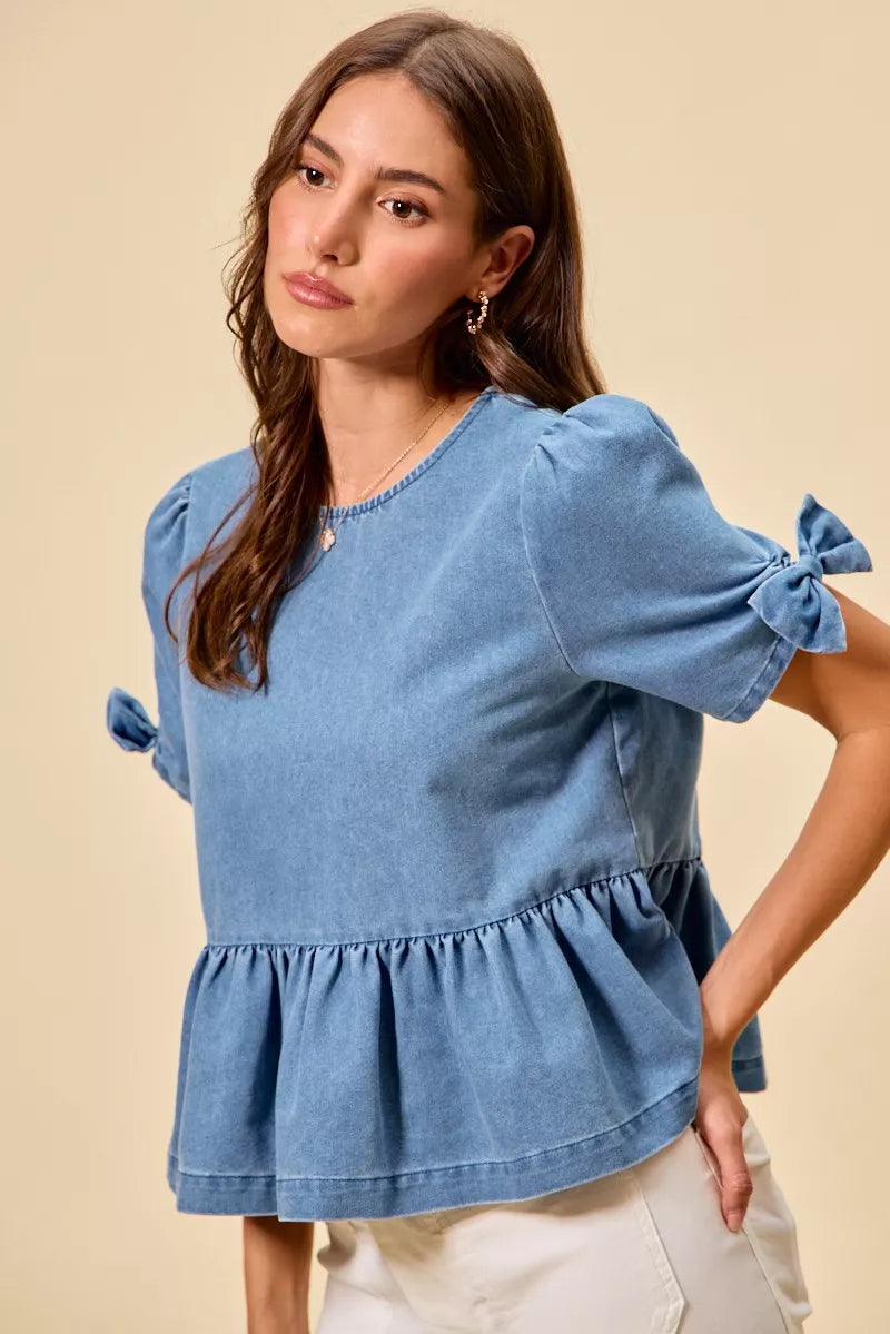 SO ME Denim Bow Detail Short Sleeves Peplum Top