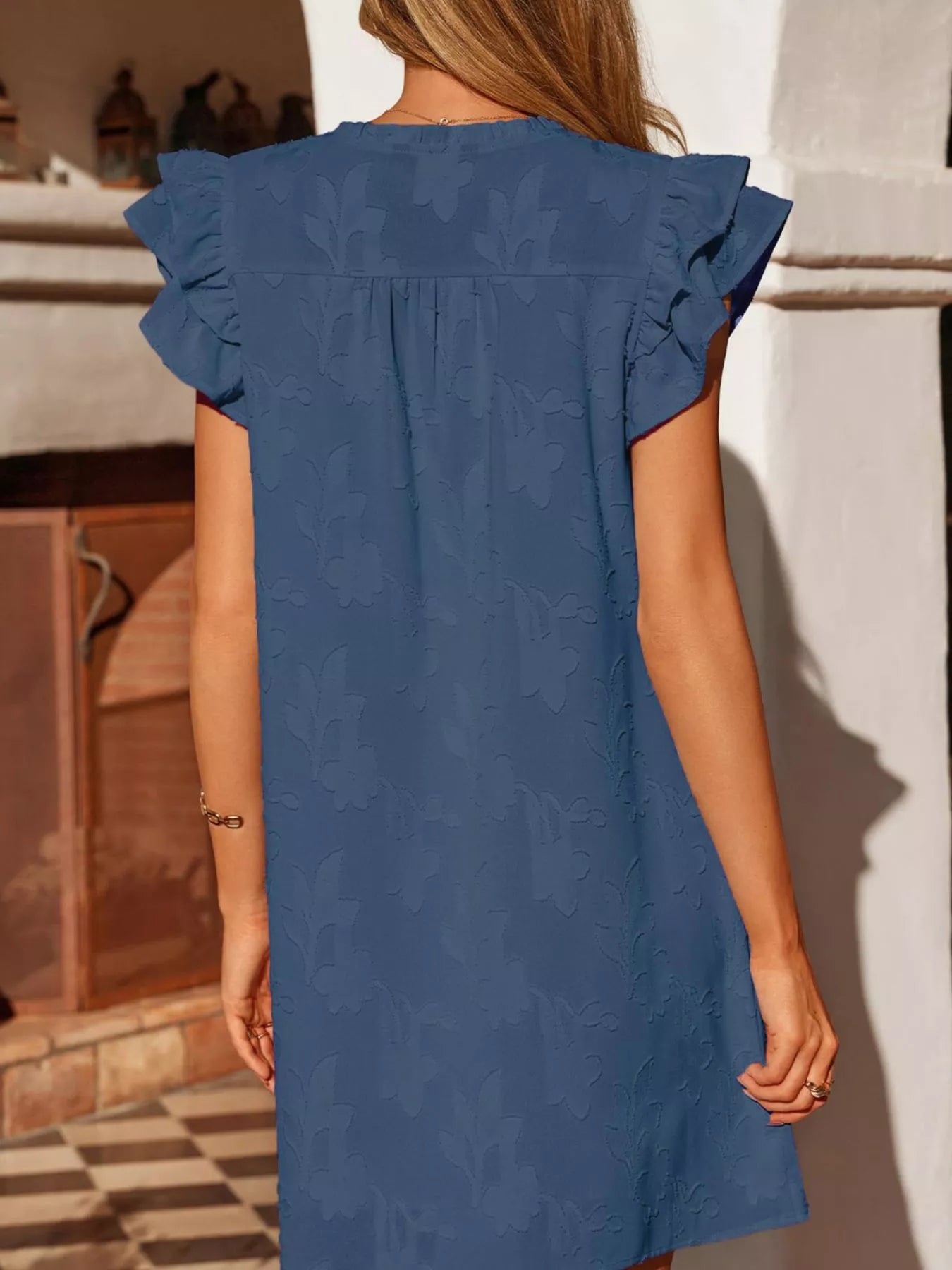 Floral Embossed Ruffle Sleeve Mini Dress