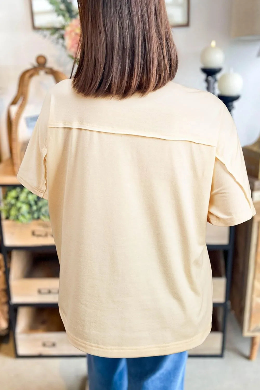Flower Patched Exposed Stitching Trim Crew Neck Loose Tee