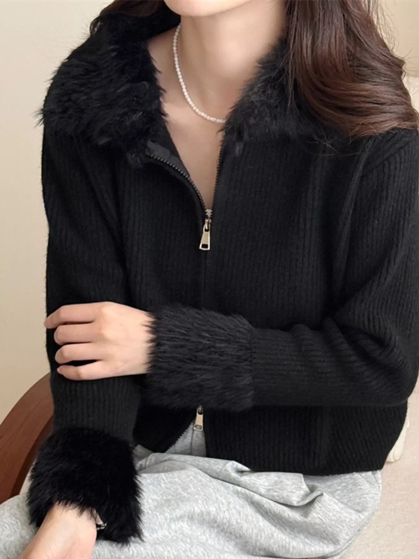 Fluffy Trim Zip-Up Cardigan