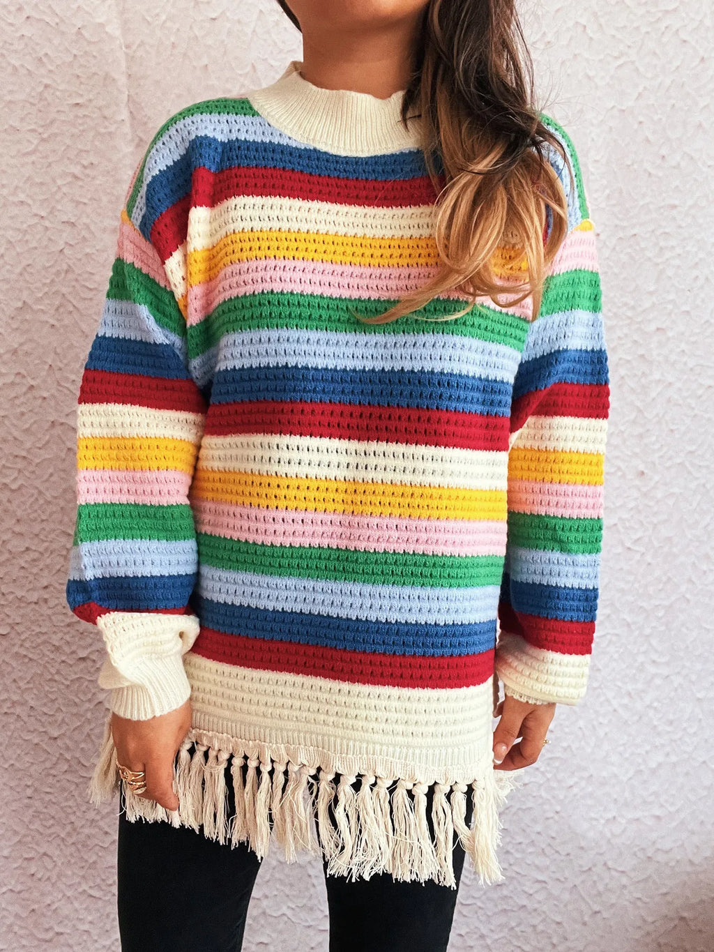 Tassel Rainbow Striped Long Sleeve Sweater