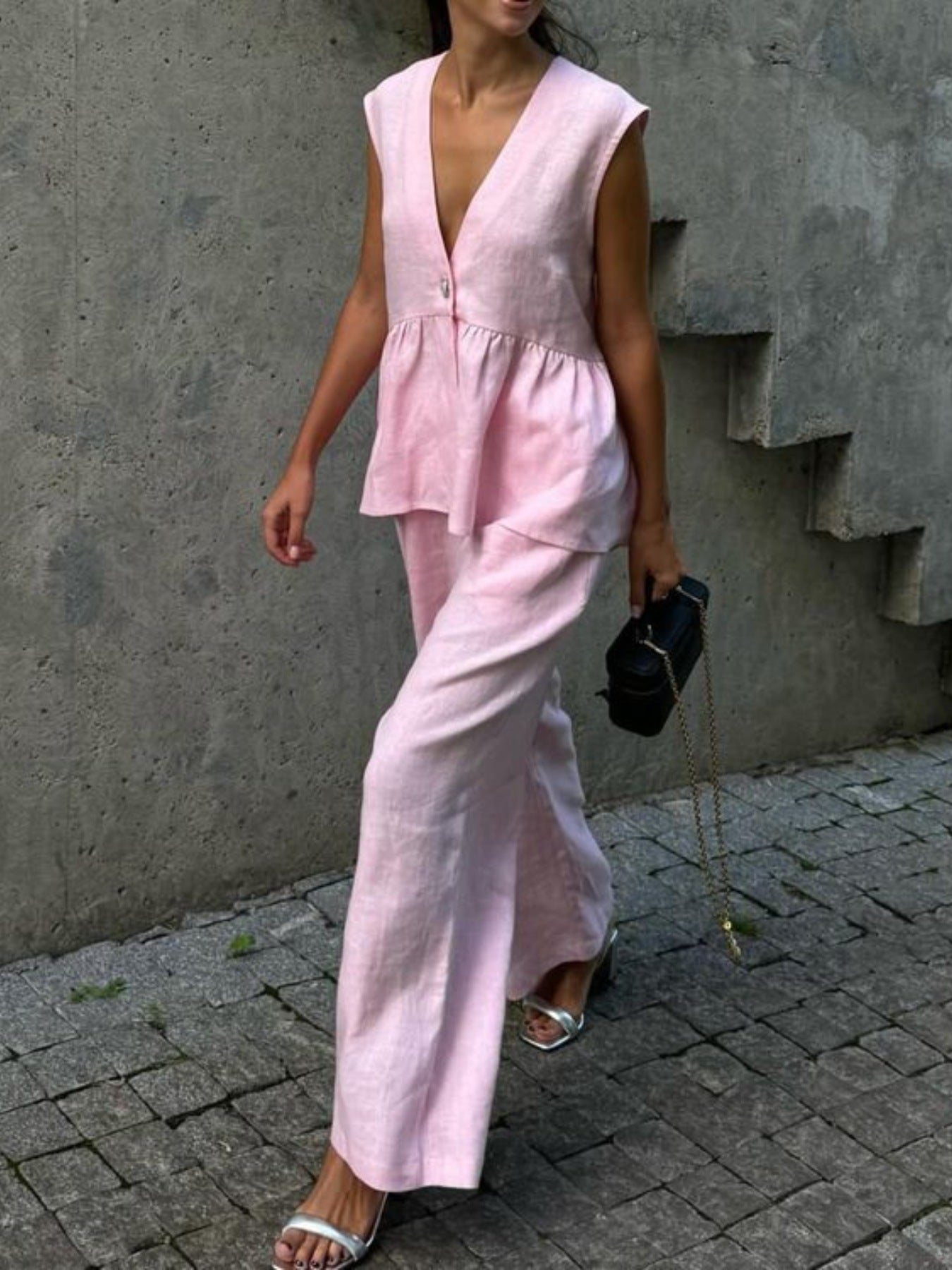 One Button Sleeveless Top and Wide-Leg Pants Set