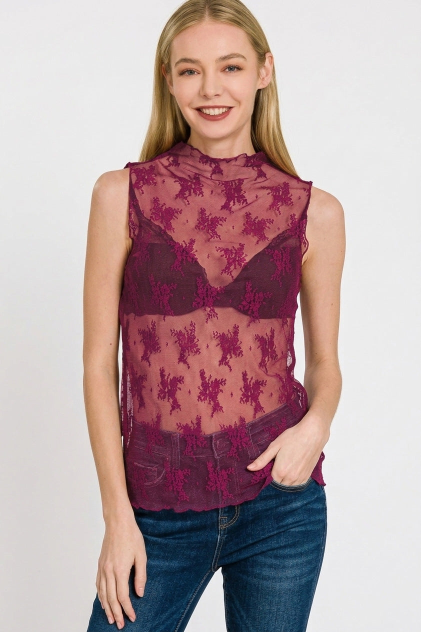 Zenana Lace See-through Layering Sleeveless Top