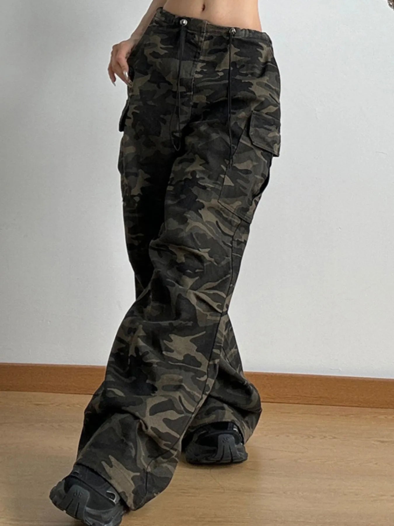 Drawstring Camouflage Cargo Wide Leg Jeans