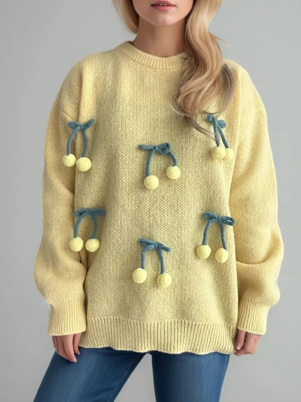 Cherry Pom-Pom Knit Round Neck Sweater