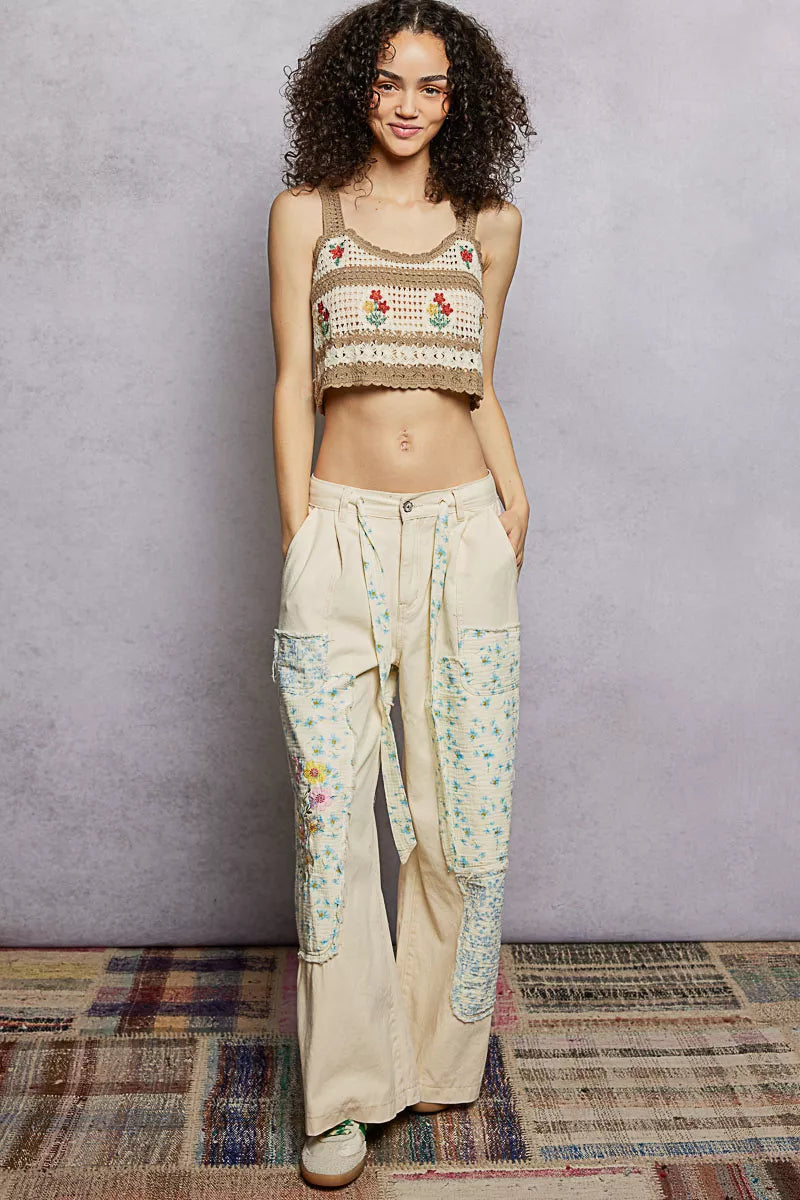 POL Floral Embroidered Cropped Crochet Cami with Scalloped Hem