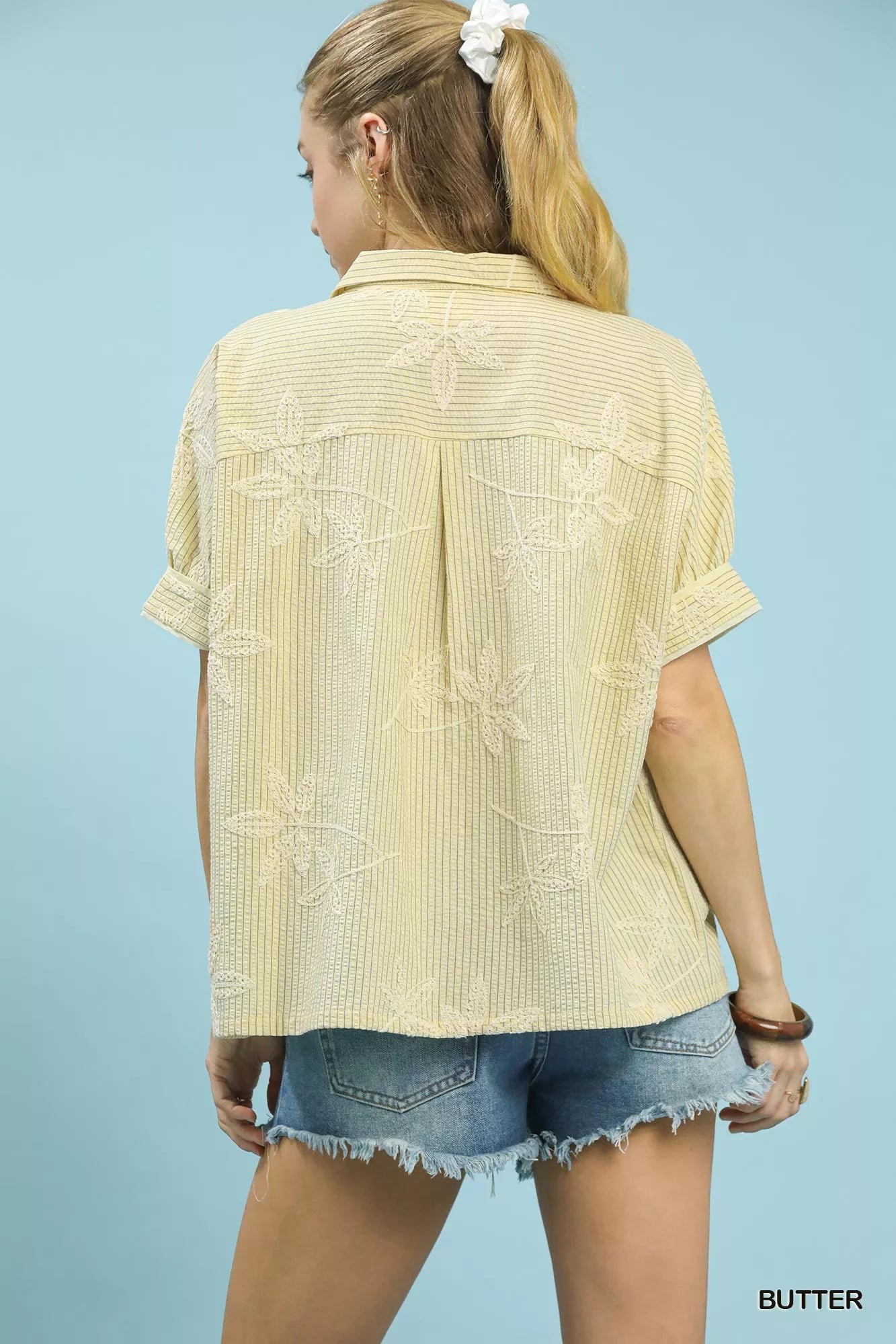 Umgee Striped Embroidered Blouse with Scallop Trim