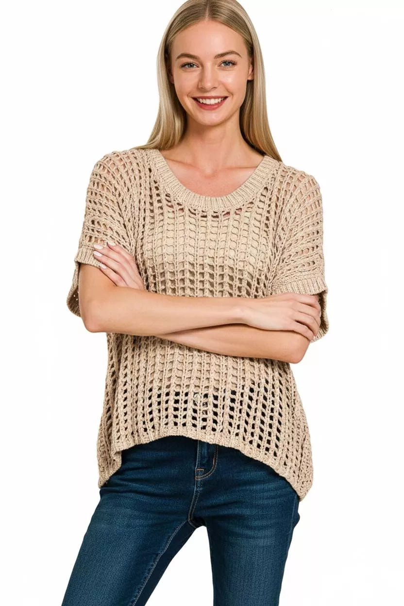 Zenana Fish Net Short Sleeve Crochet Knit Cover Up