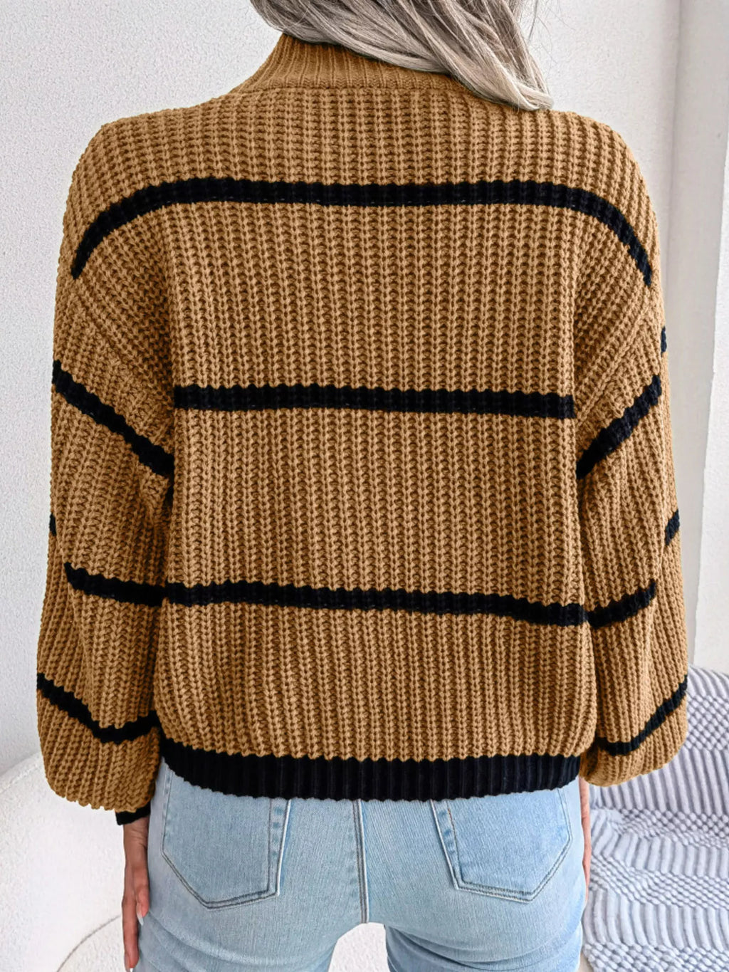Full Size Striped Mock Neck Knit Sweater Plus Size