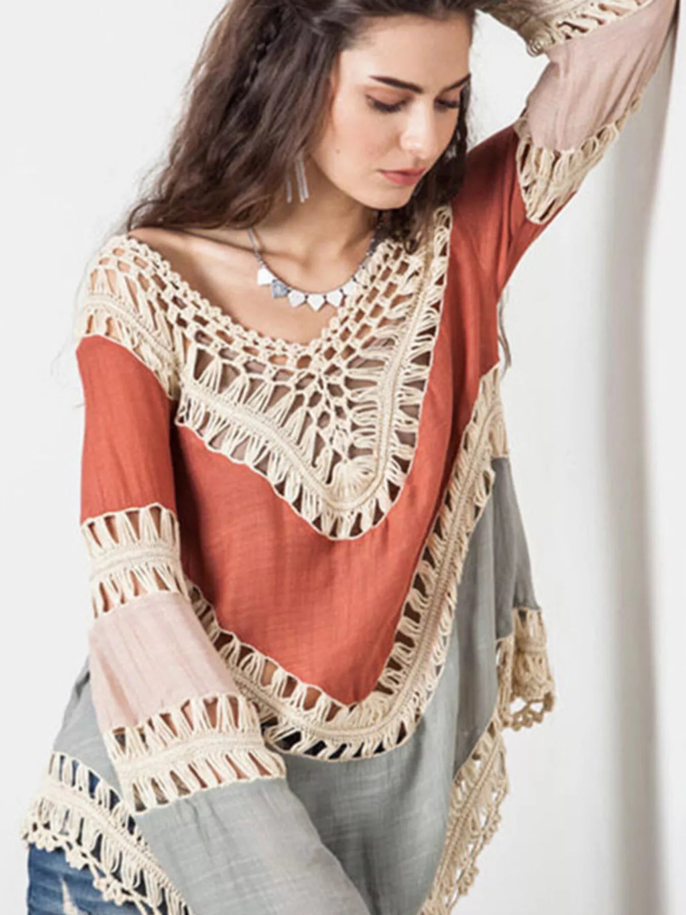 Crochet Trimmed Long Sleeve Cover Up