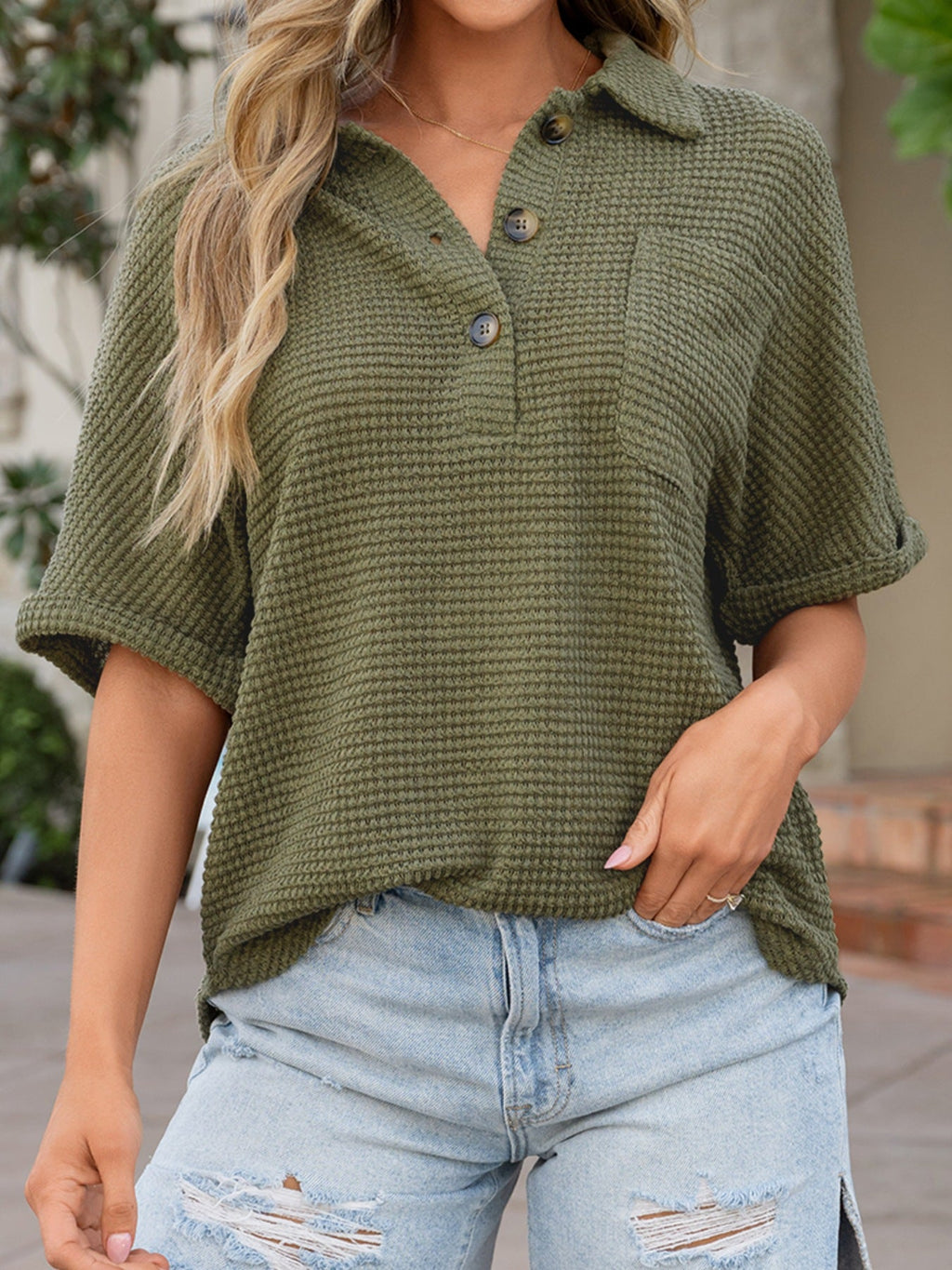 Textured Knit Button Detail Top