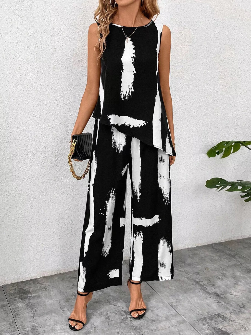 Abstract Print Sleeveless Top & Wide Leg Pants Set