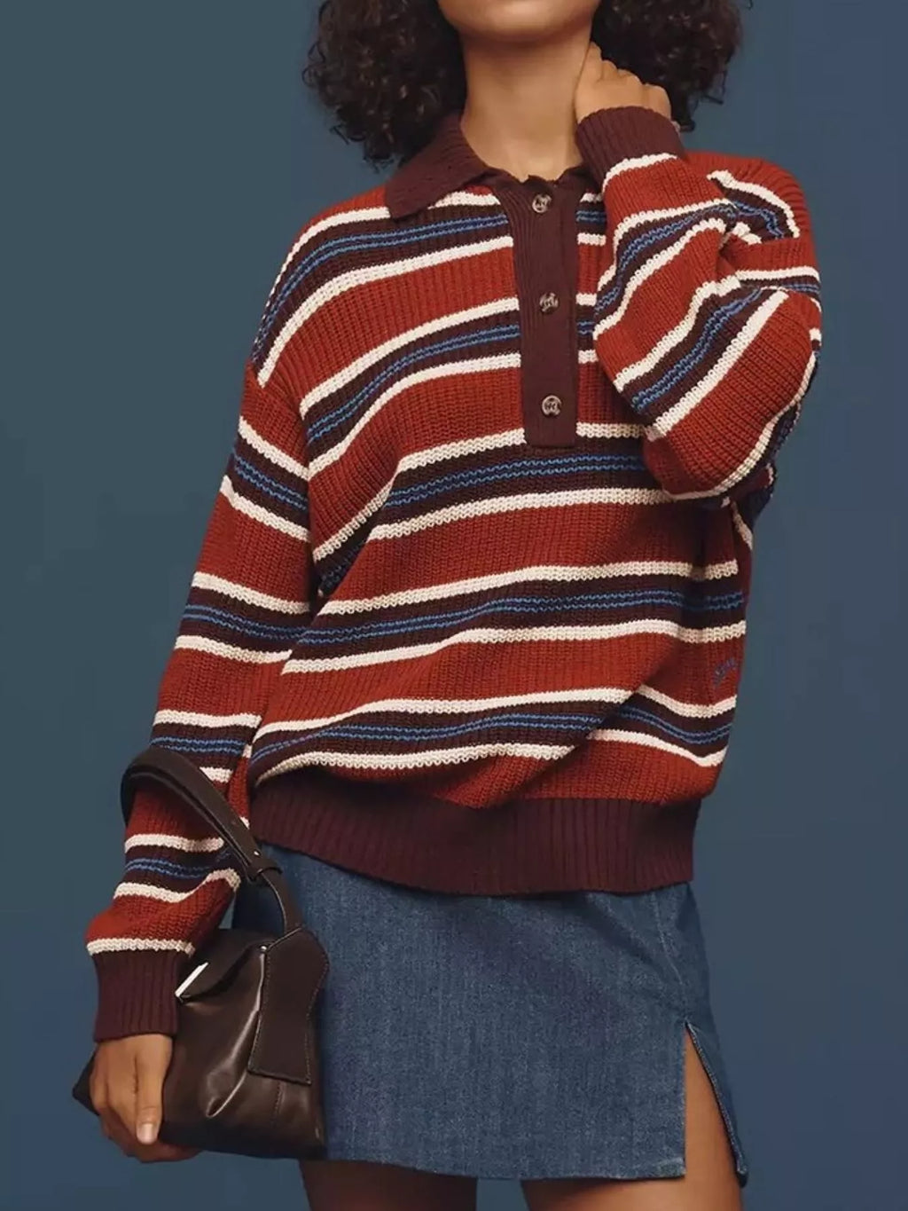 Striped Button Detail Polo Collar Sweater
