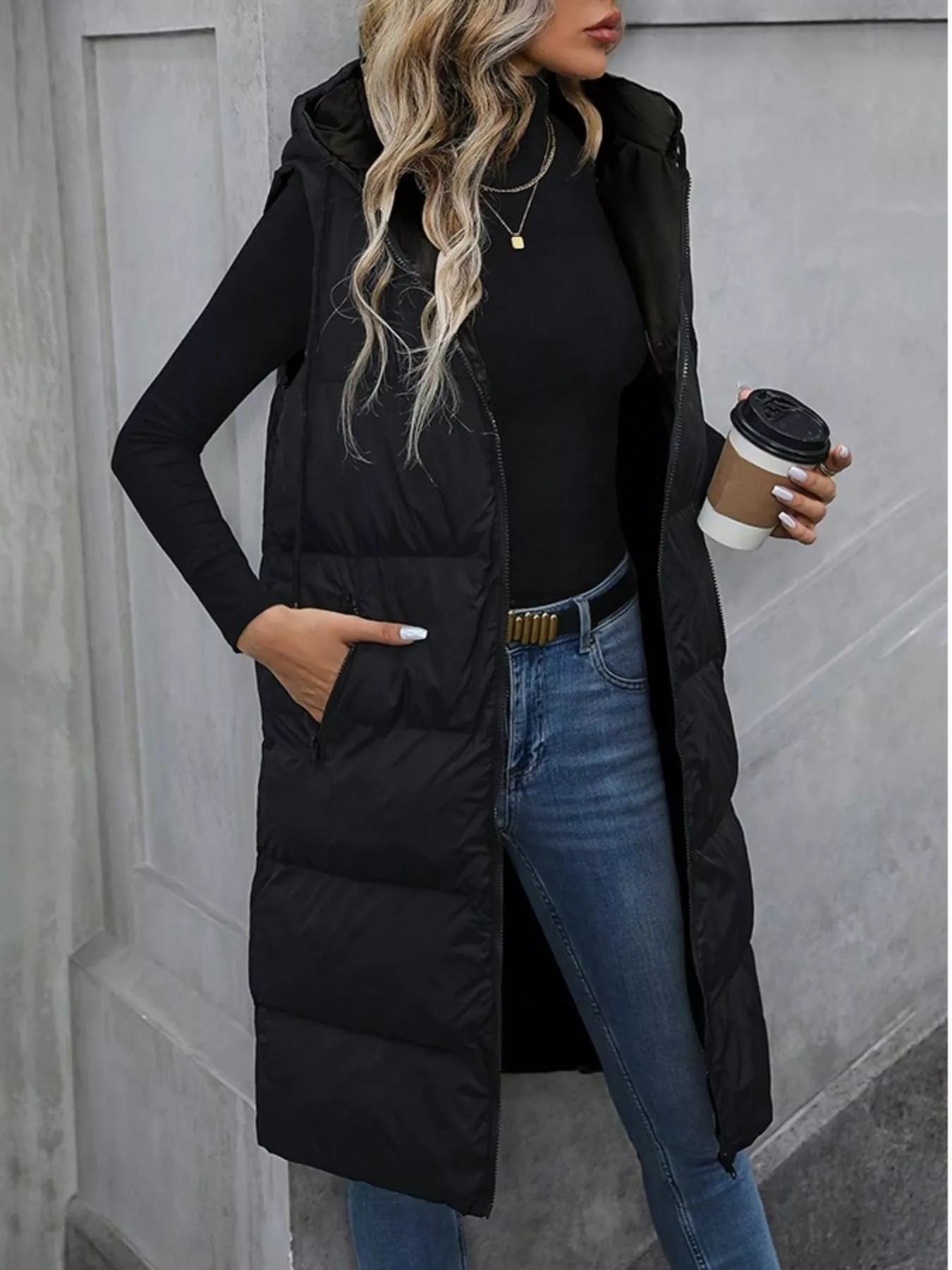 Longline Padded Hooded Vest Coat