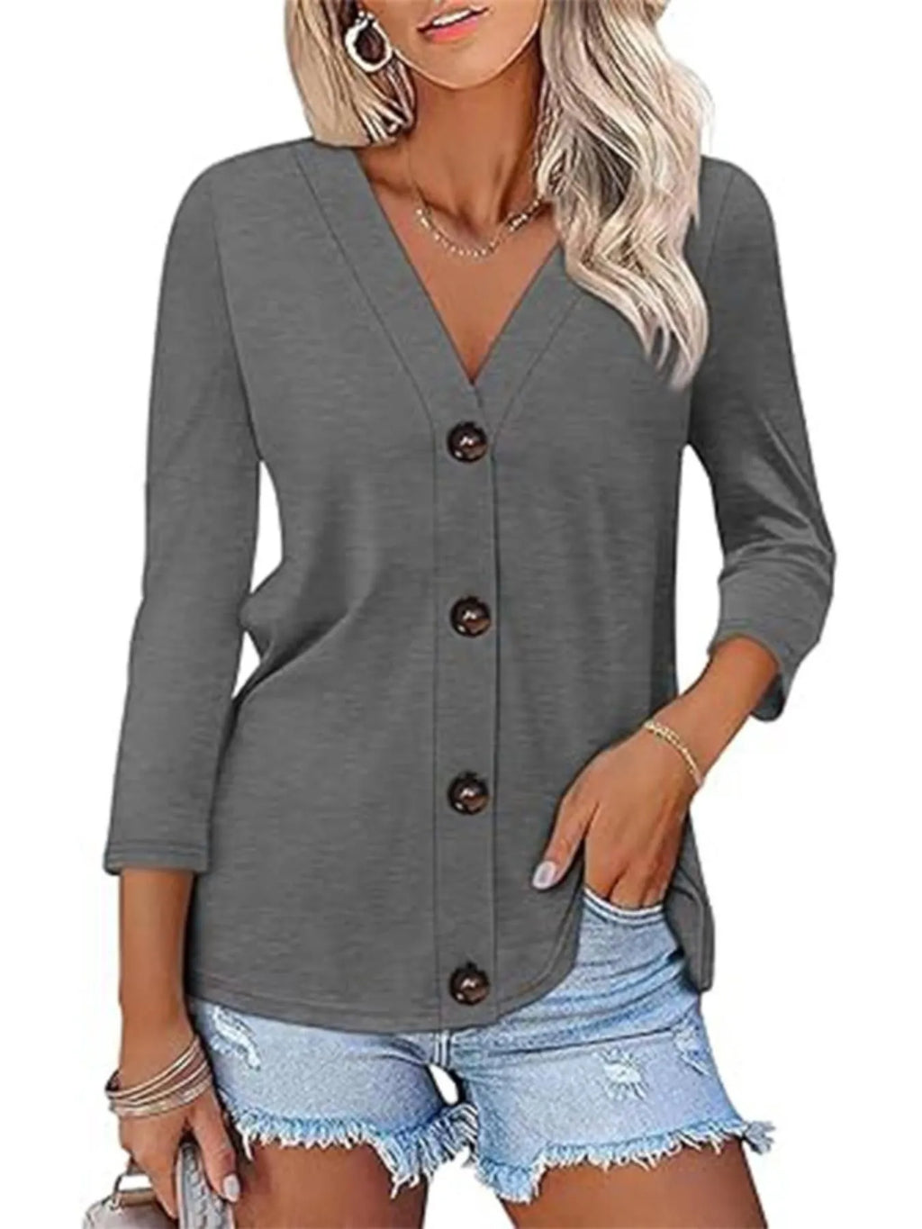 V-Neck Button Front Casual Top