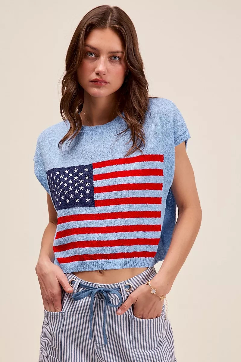 SO ME Fourth Of July American Flag Boxy Fit Sweater Top