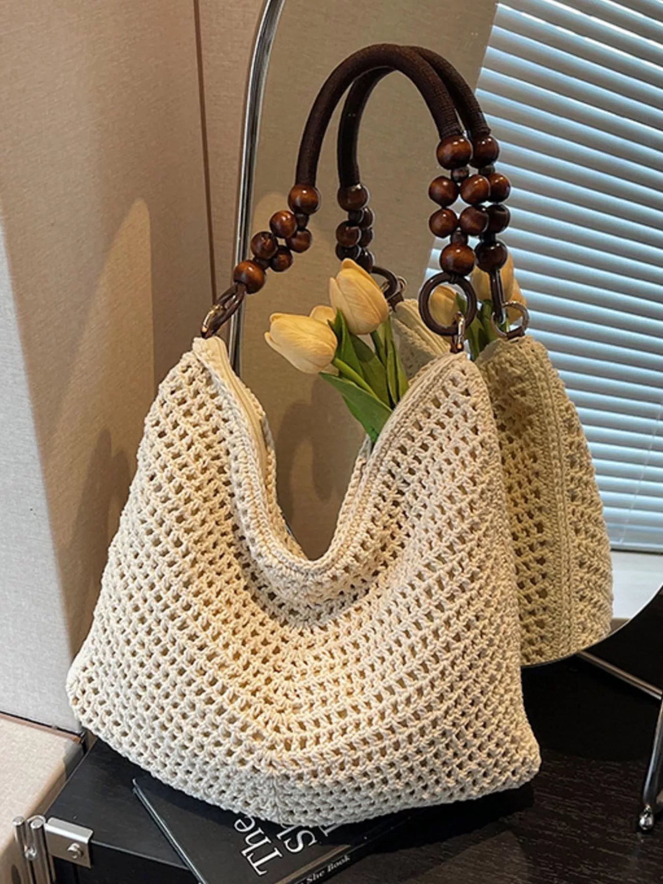Knitted Shoulder Bag with Wooden Bead Handle