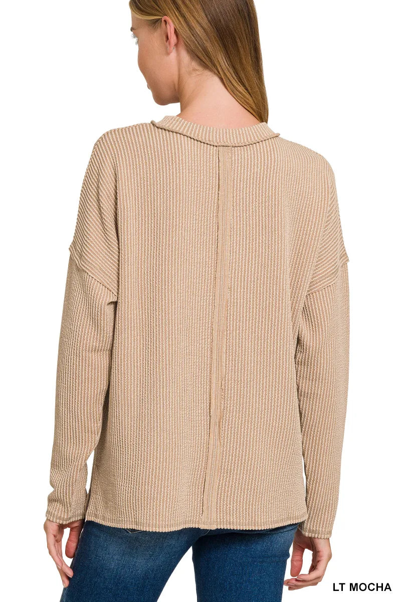 Zenana Long Sleeve Drop Shoulder Rib Top