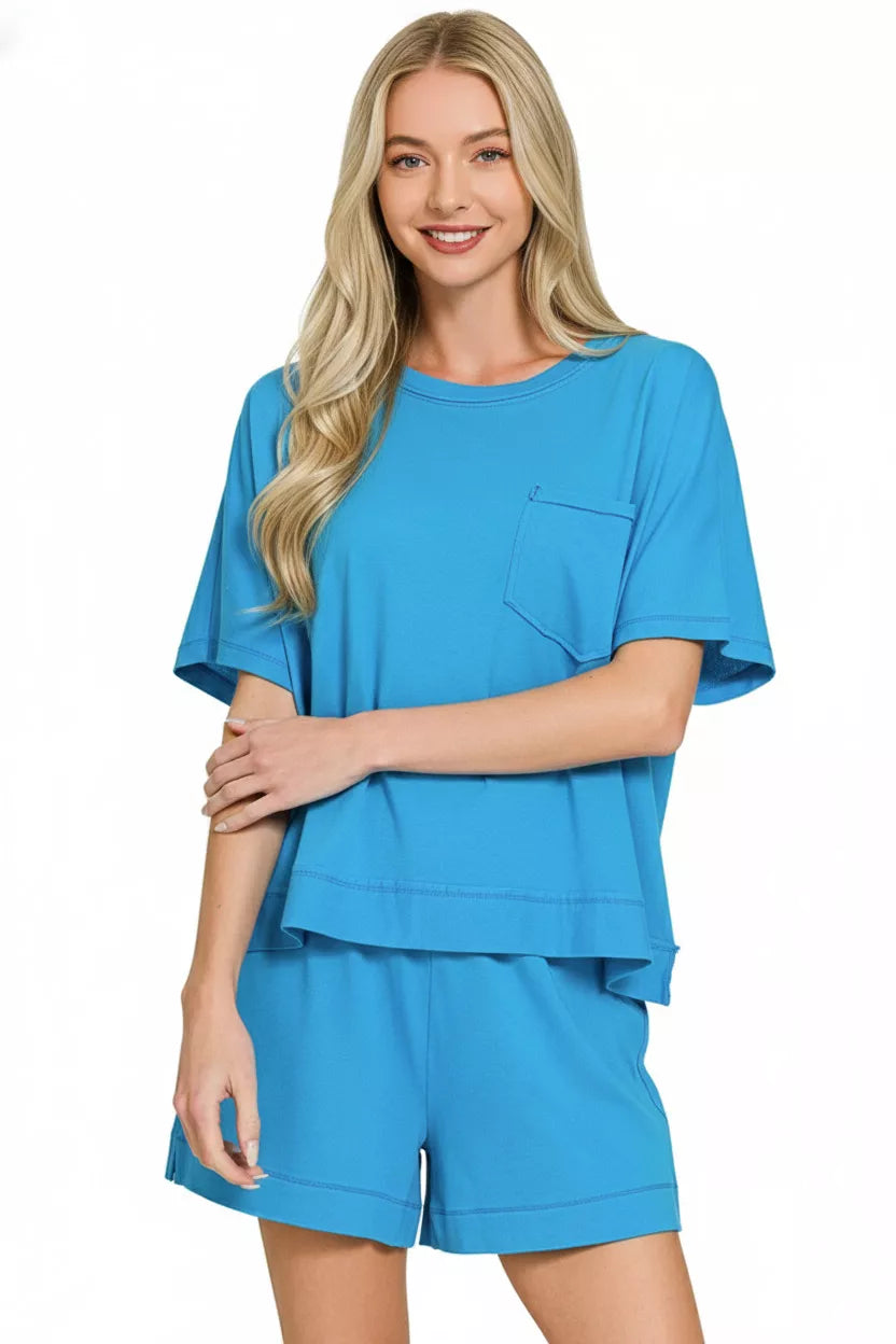 Zenana Exposed Seam Boxy Top & Shorts Set